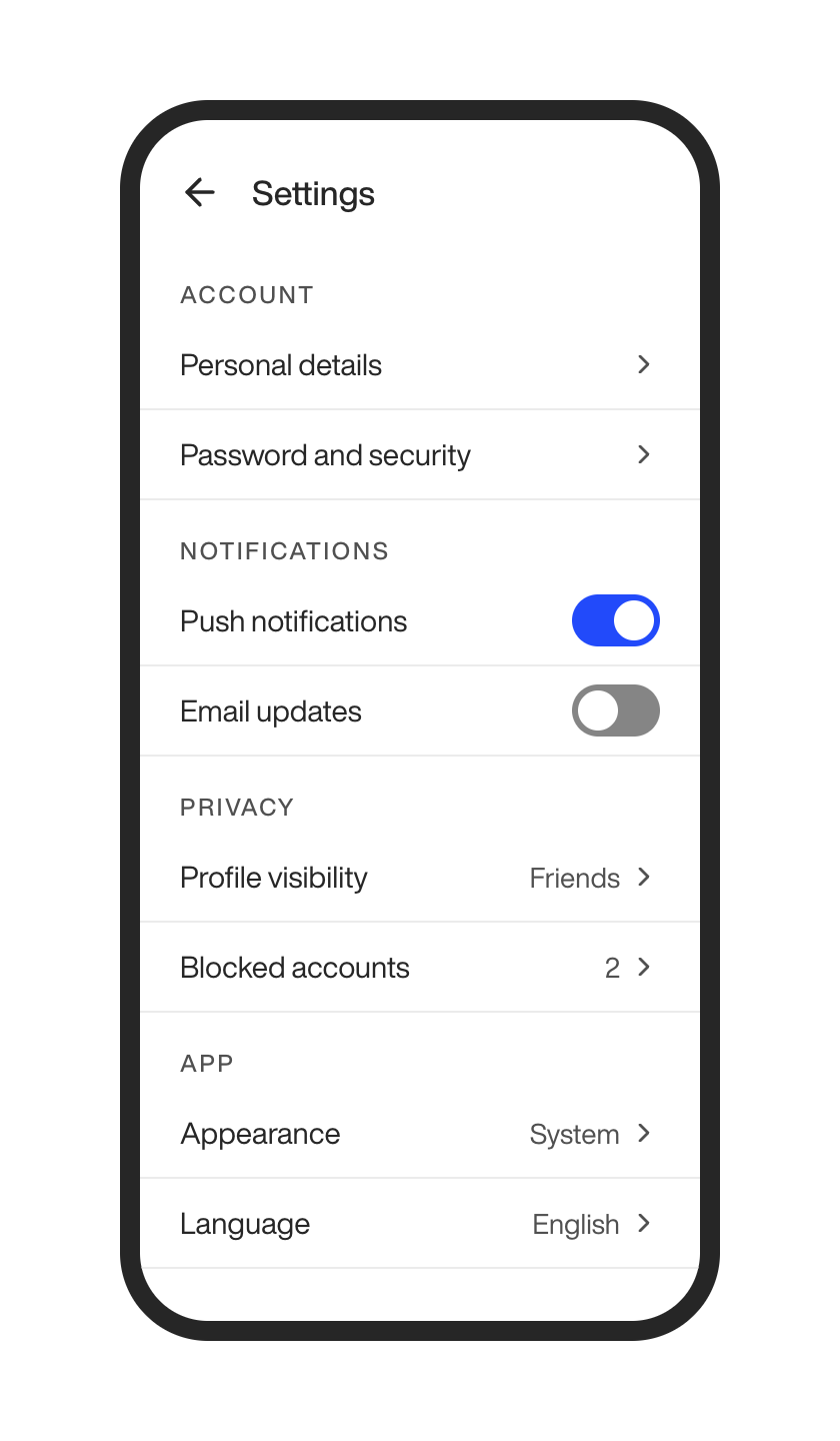 App settings screen