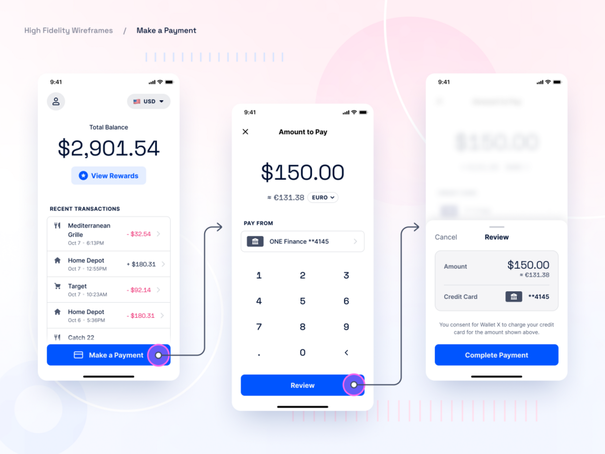 Wireframes Hi Fi transactions flow fintech finance app bank app credit card app pay payment ios app design ui ux app deisgn ios black and white grayscale blue inter space grotesk hifi wireframe