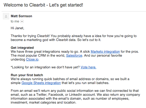 welcome email example from clearbit