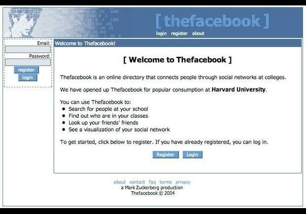 A screen of the original Facebook then known as Thefacebook started by Mark Zuckerberg in 2004.