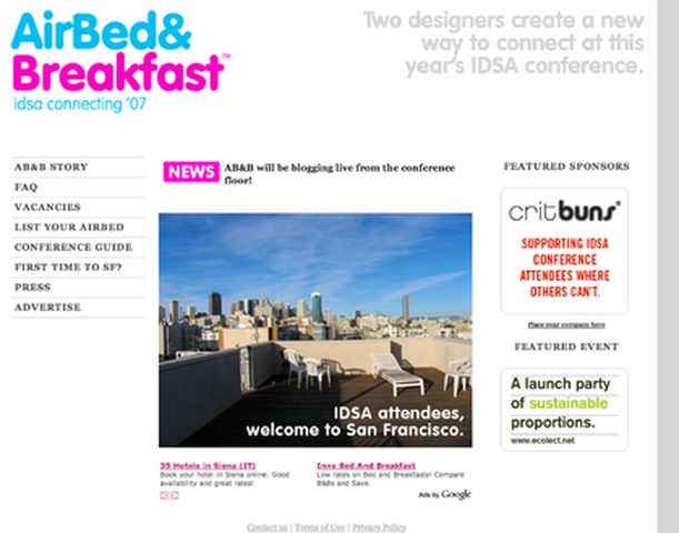 origina airbnb landing page in 2007 with picture of deck chairs on roof