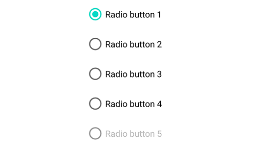 Example radio button group with 5 radio buttons the first one is selected and the last one is disabled.