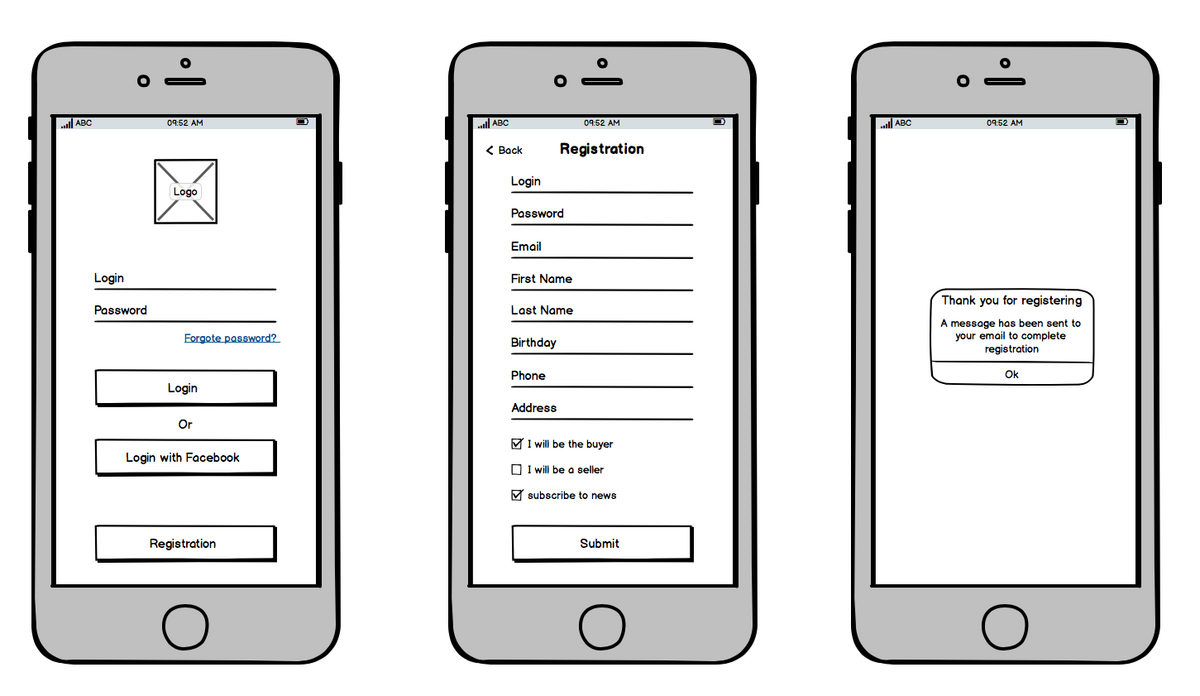 Example wireframes for mobile shopping app