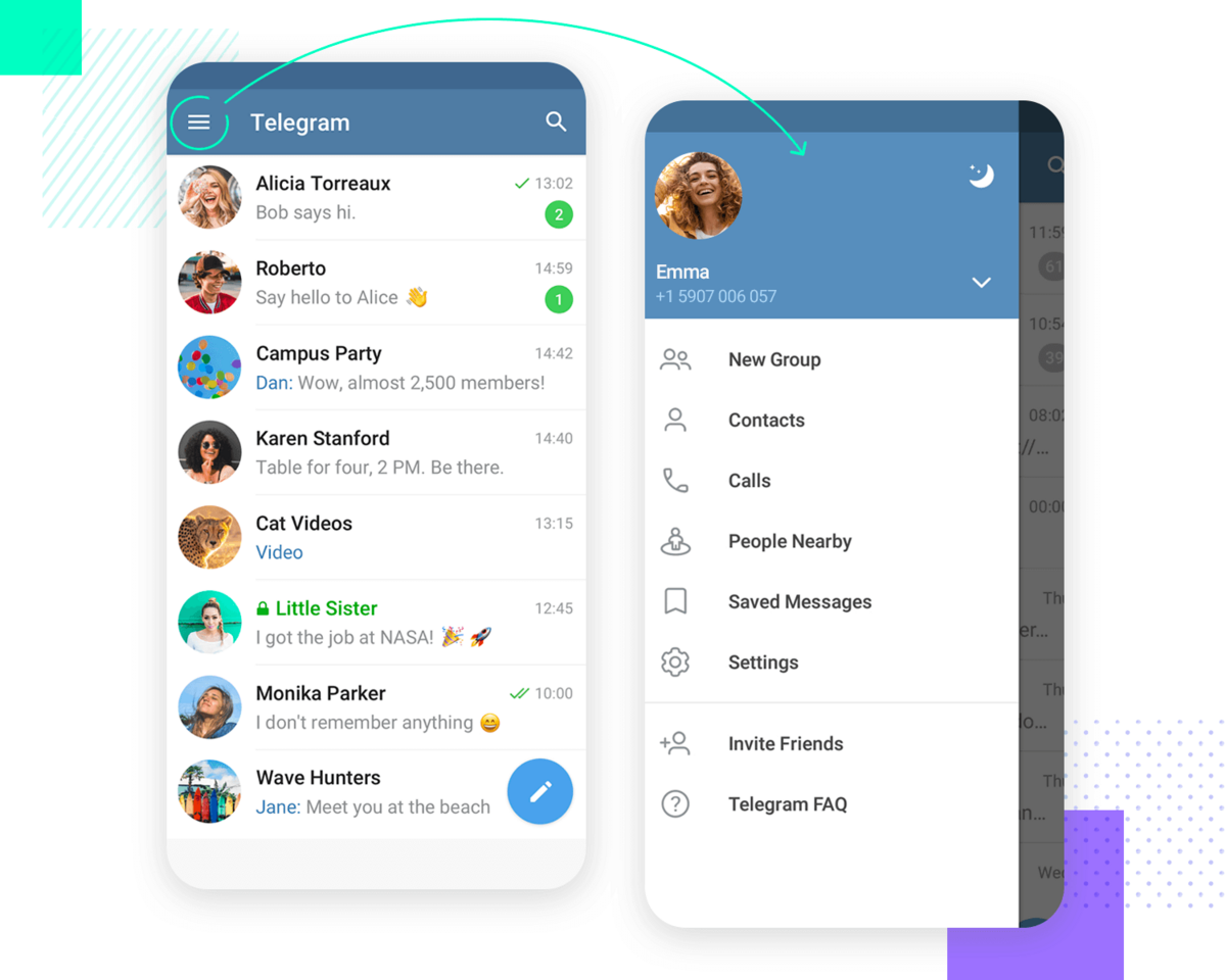 Hamburger menu design on mobile apps Telegram