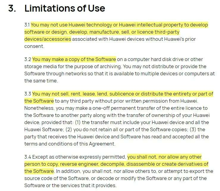 Huawei EULA Limitations of Use clause