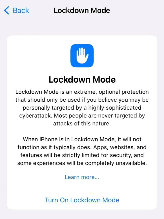 A screenshot of Lockdown Mode in iOS 16 which blocks certain iOS features that are sometimes abused by spyware from working