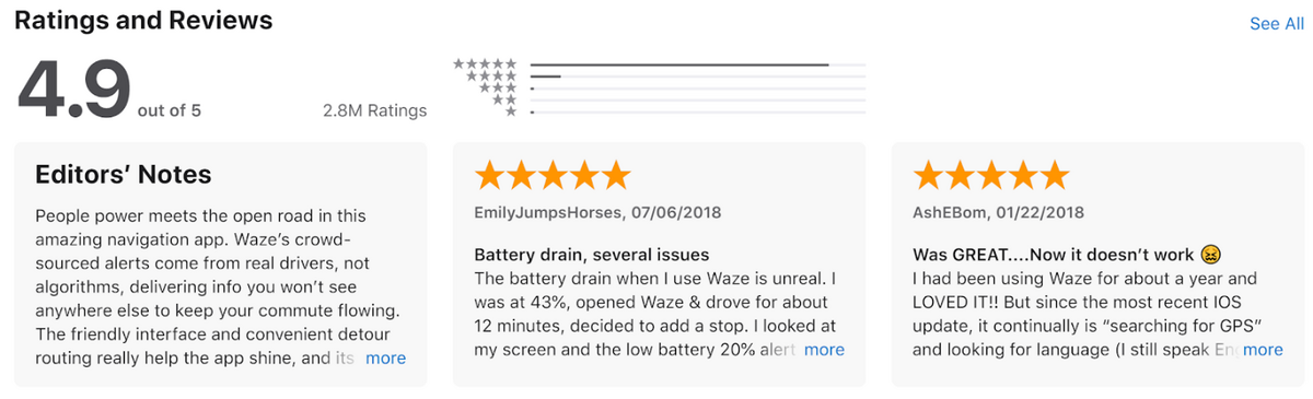 Example of ratings and reviews in Apple App Store