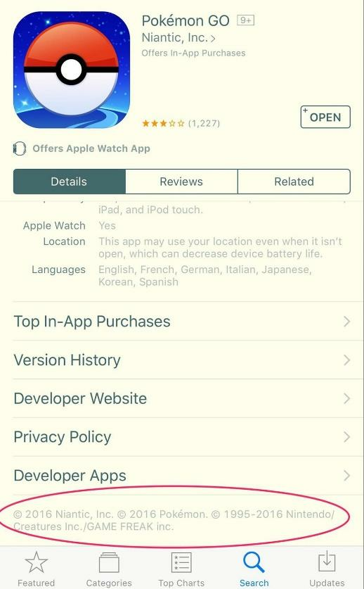 Pokemon GO mobile game on App Store Copyright notice on profile page