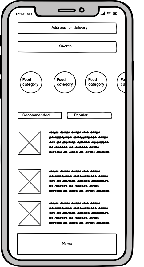 Wireframe of a food delivery app with UI elements treated as different size objects based on their importance.