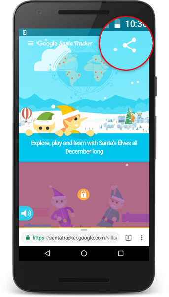 The Santa Tracker app showing a share button