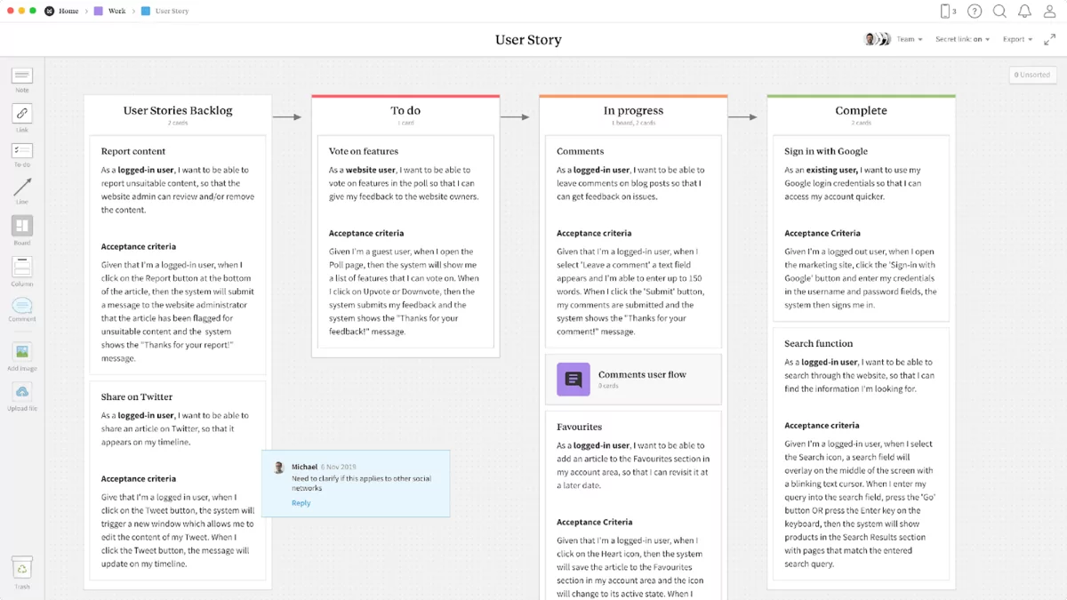 User Story Template within the Milanote app