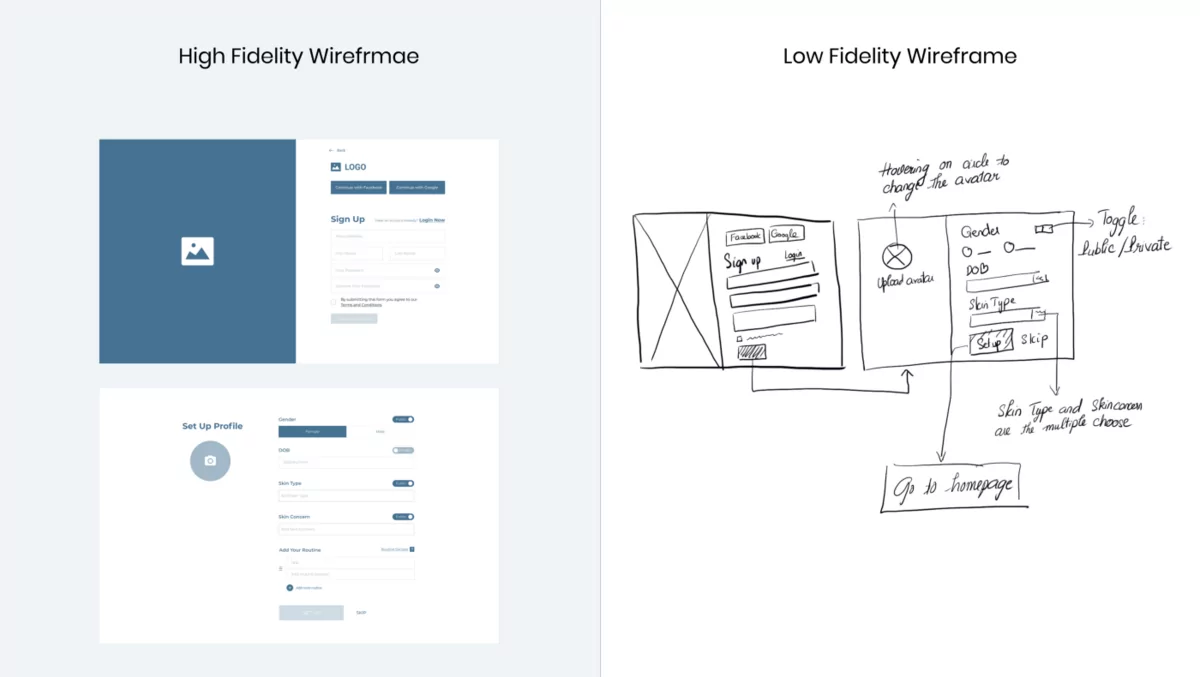 high fidelity wireframe vs low fidelity wireframe